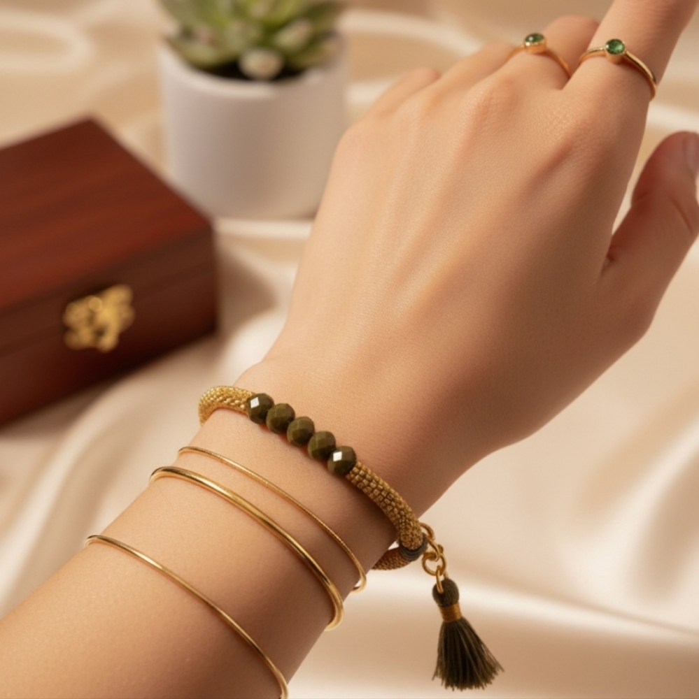 Luna Norte nephrite jade glass crystal and gold beaded bracelet with tassel